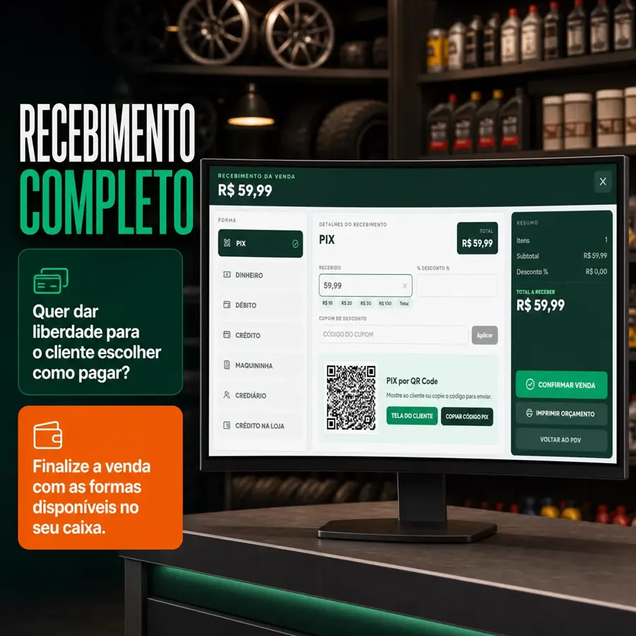 Frente de caixa com Pix na tela do computador: QR code instantâneo no PDV